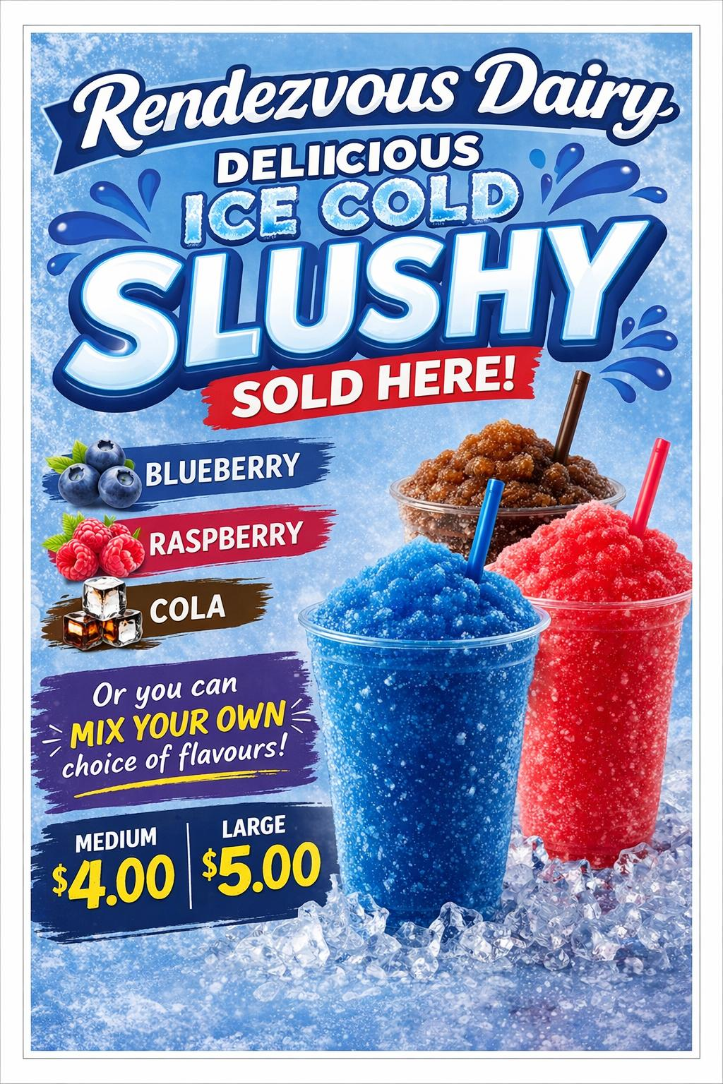 Rendezvous Dairy slushies: blueberry, raspberry and cola, or mix your own. Medium $4.00, large $5.00.
